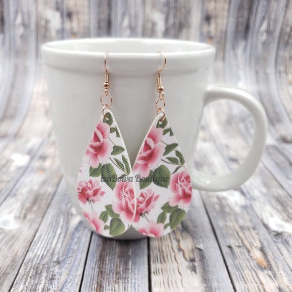 Hand Crafted Jewelry - Pink Rose Faux Leather Earring  ER1643  Handmade NWT Boutique